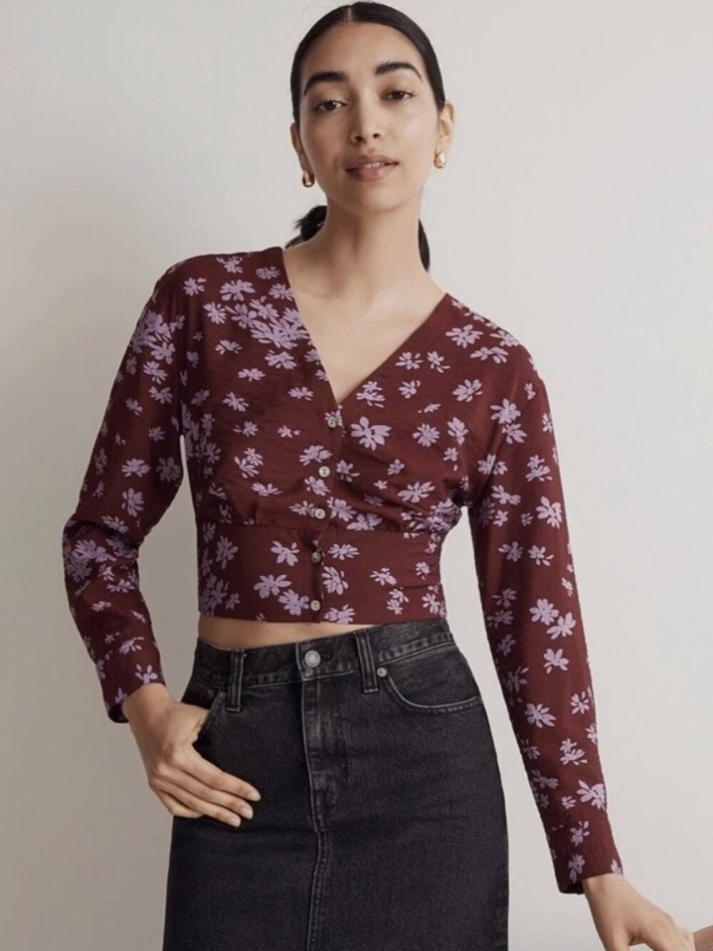 Madewell Rosalind Floral Button-Front Cropped Blouse | Burgundy/Pink | Size L